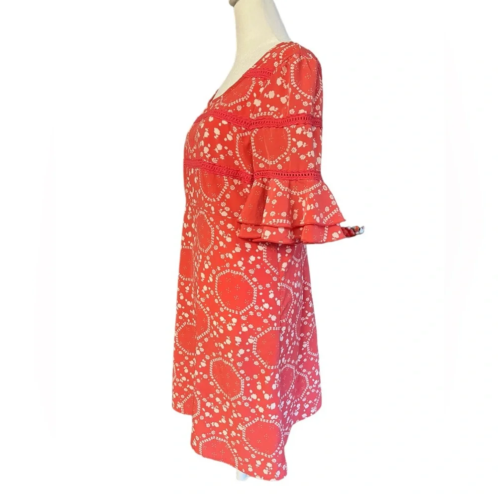 FREE PEOPLE Coral Geo Garden Shift Dress Size 6 Ruffle Sleeve Boho Floral Pink